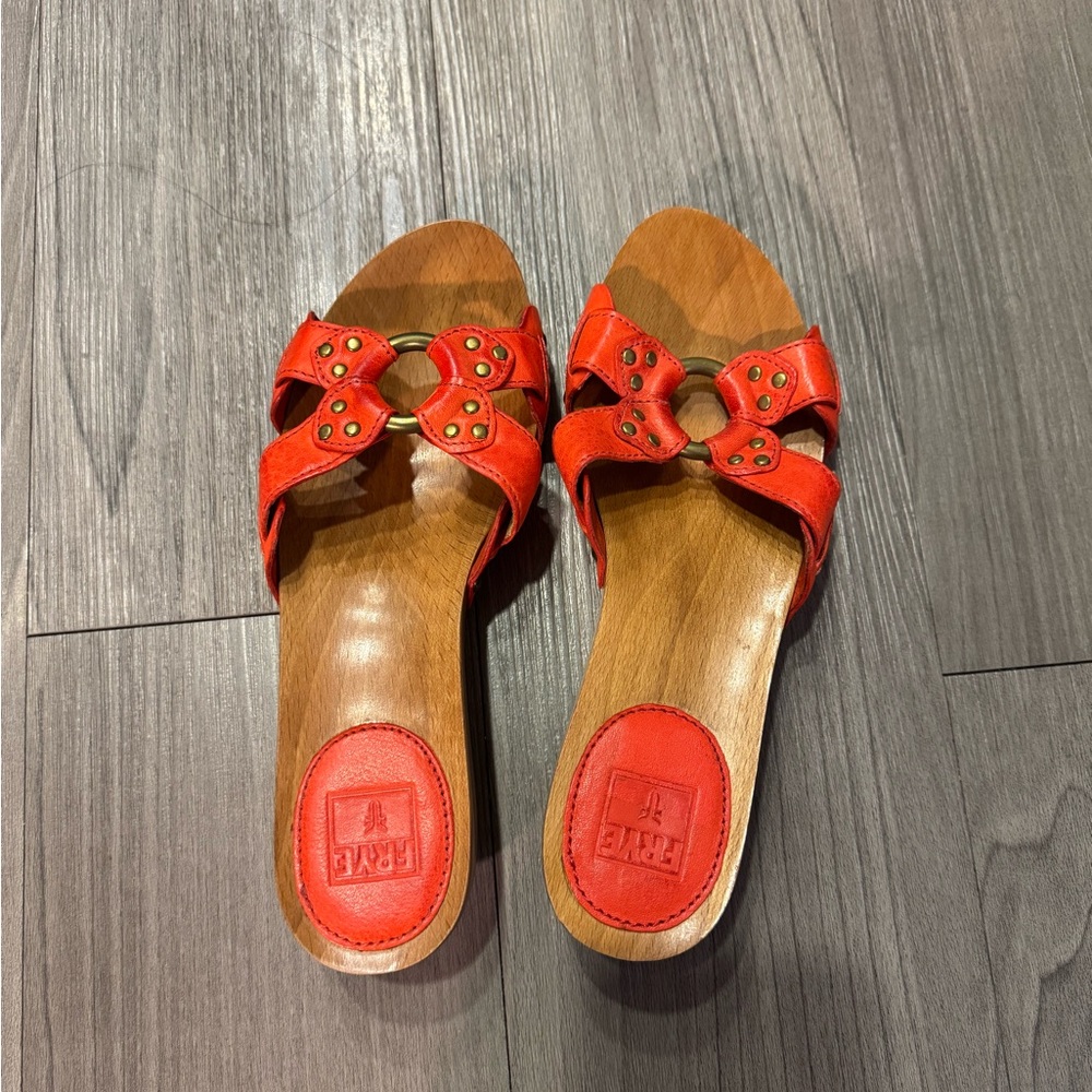 Frye wooden sole slide sandals , Sz 6